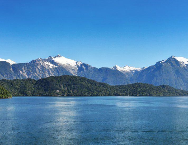 Beautiful panoramic view of Chilean fjords: Aysen fjord and Puerto Chacabuco surrounding area, Patagonia, Chile, South America.