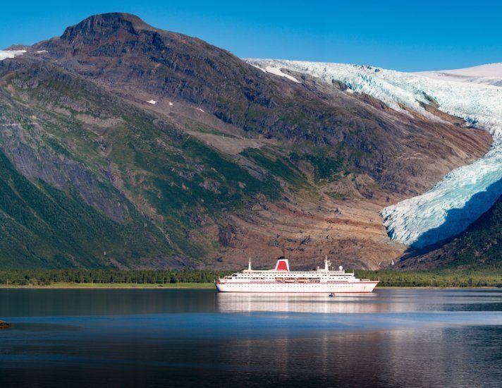 Cruise ship at Svartisen glacier in Norway