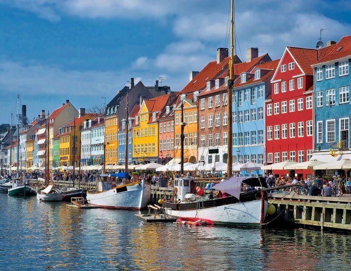 Copenhagen port side houses and boats